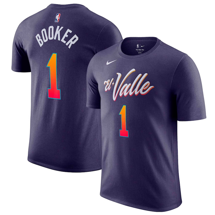 Men's Phoenix Suns #1 Devin Booker Purple 2023/24 City Edition Name & Number T-Shirt
